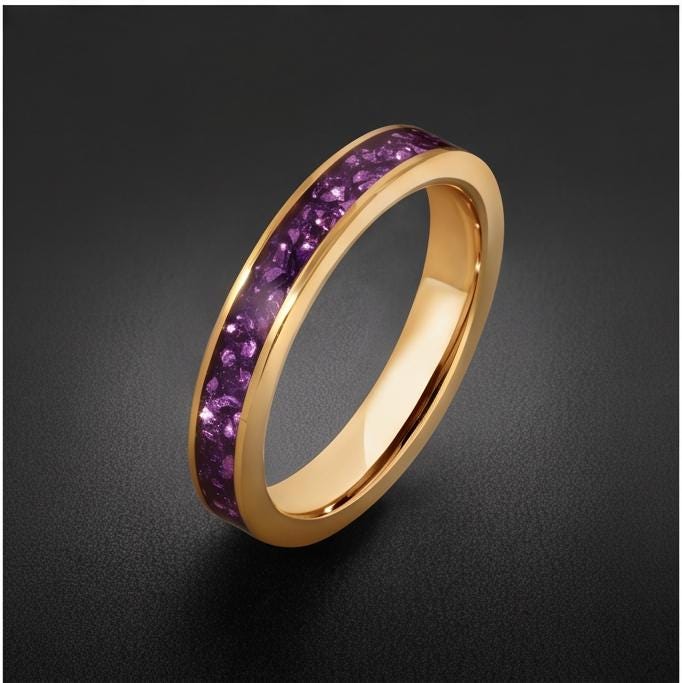 Gold Tungsten Carbide Ring with Amethyst | 4mm, 8mm Thin / Thick Wedding Band | Unisex Anniversary Promise Gift for Her or Hi