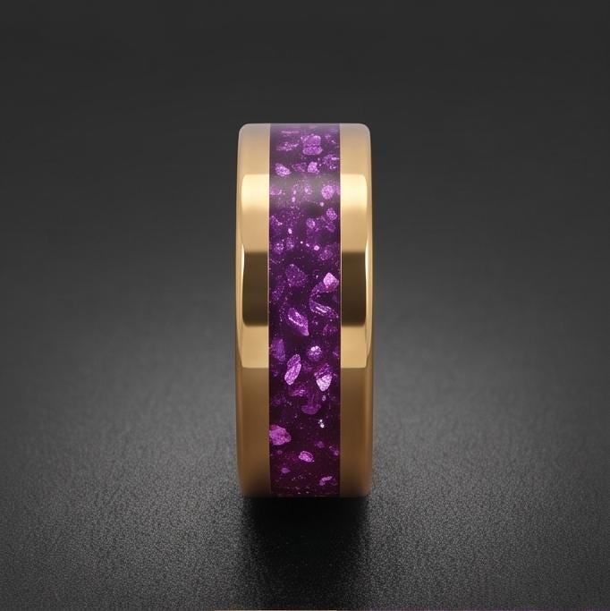 Gold Tungsten Amethyst Ring (4mm, 8mm Wedding Band) ~ Men Amethyst Wedding Ring ~ Unique Elegant Promise Ring for Her/Him ~ A