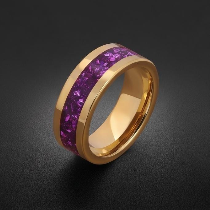 Gold Tungsten Amethyst Ring (4mm, 8mm Wedding Band) ~ Men Amethyst Wedding Ring ~ Unique Elegant Promise Ring for Her/Him ~ A