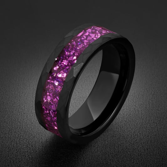 Hammered Black Tungsten Ring with Amethyst - 4mm, 8mm Brushed Tungsten Carbide Wedding Band ~ Mens Womens Promise Ring ~ Anni
