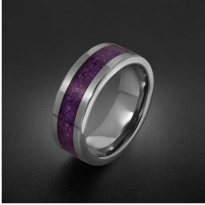 Men Amethyst Silver Ring ~ Purple Anniversary Promise Ring Gift for Couple ~ Tungsten Carbide Wedding Band ~ Unisex Festival 