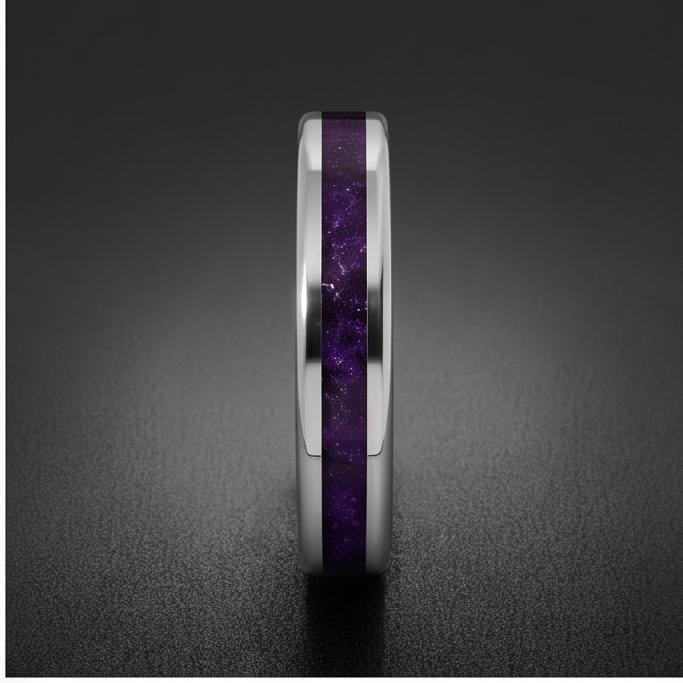 Silver Tungsten Ring with Amethyst | Purple Gemstone Statement Jewelry ~ Durable Everyday Band for Her, Unique Anniversary Gi