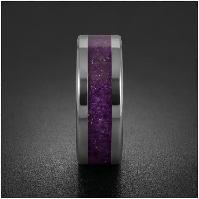 Silver Tungsten Ring with Amethyst | Purple Gemstone Statement Jewelry ~ Durable Everyday Band for Her, Unique Anniversary Gi