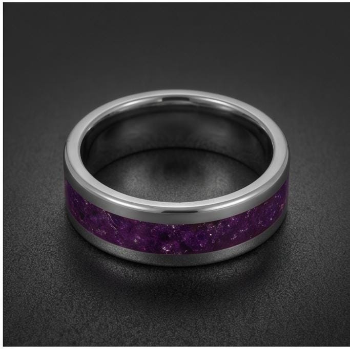 Silver Tungsten Ring with Amethyst | Purple Gemstone Statement Jewelry ~ Durable Everyday Band for Her, Unique Anniversary Gi