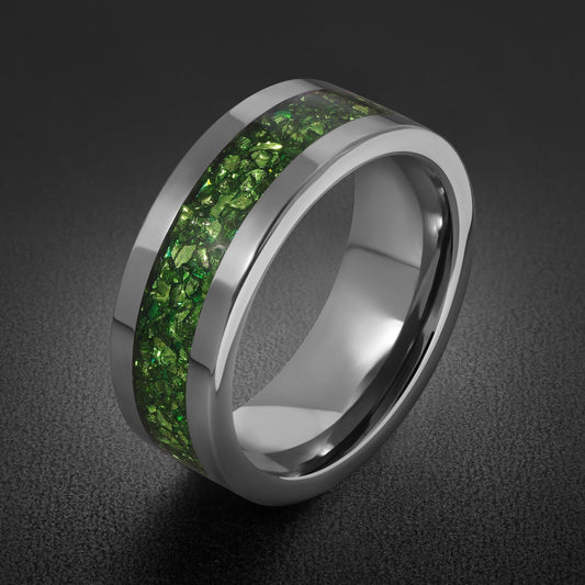 Mens Emerald Tungsten Ring with Inlay | Durable Wedding Band ~ Tungsten Carbide Statement Ring - Anniversary Gift for Him - F