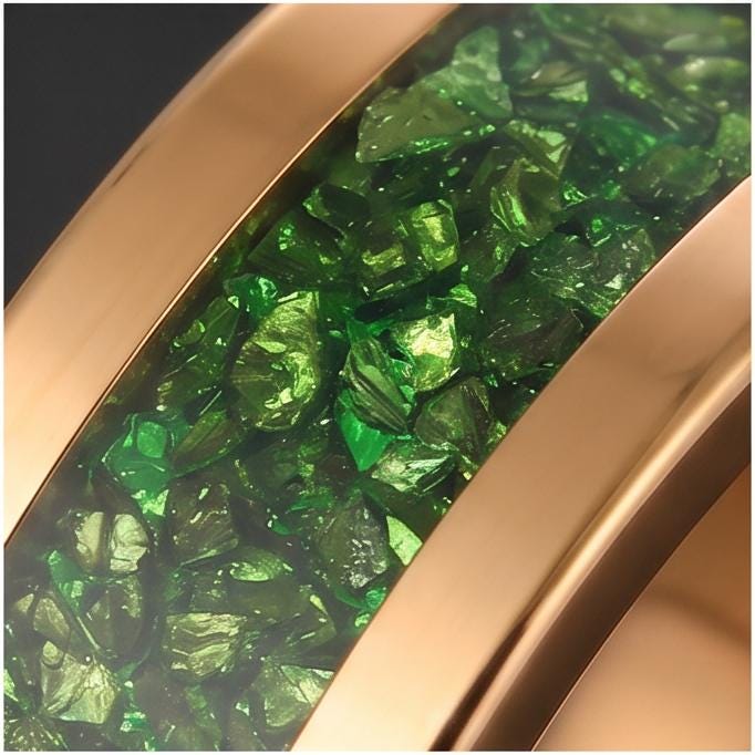 Gold Tungsten Emerald Ring with Deep Green Stone | Polished Minimalist Wedding Band ~ Luxury Promise Ring or Emerald Birthday