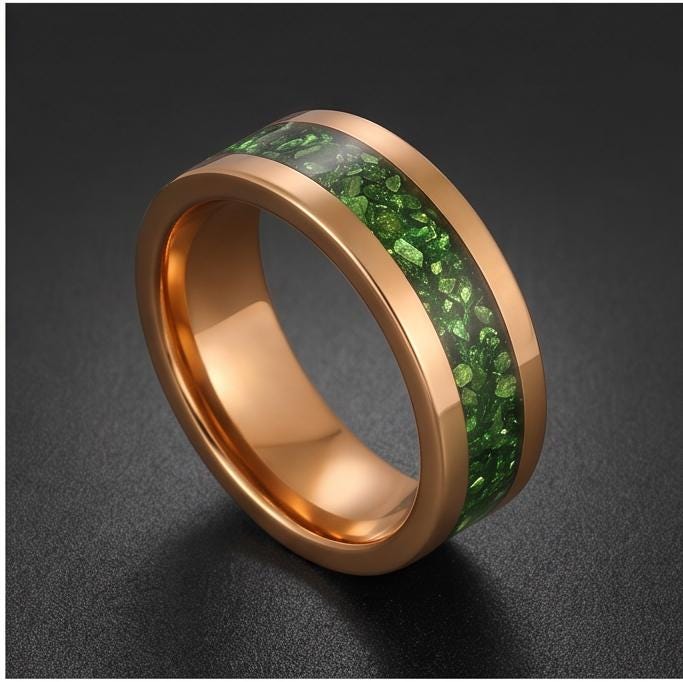 Mens Emerald Ring Gold Tungsten ~ 4mm 8mm Band ~ Wedding Anniversary Jewelry ~ Gold Promise Ring ~ Engagement Ring ~ Statemen