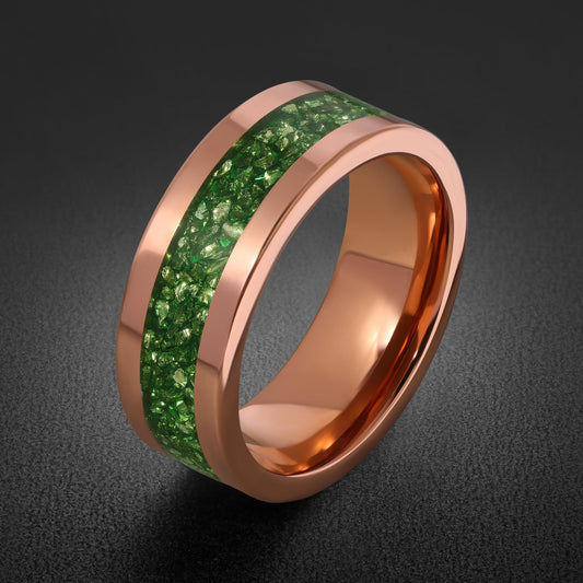 Rose Gold Tungsten Carbide Ring with Emerald Inlay ~ 4mm Thin 8mm Thick Wedding Band for Men ~ Personalized Promise Ring for 