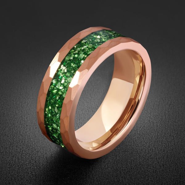 Mens Green Emerald Ring ~ Hammered Tungsten Ring (8mm, 4mm) ~ Rose Gold Wedding Band ~ Emerald Jewelry Gift for Her ~ Modern 