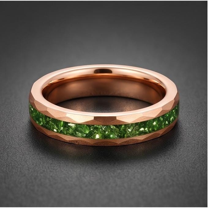 Mens Green Emerald Ring ~ Hammered Tungsten Ring (8mm, 4mm) ~ Rose Gold Wedding Band ~ Emerald Jewelry Gift for Her ~ Modern 