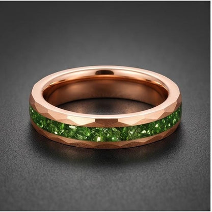 Mens Green Emerald Ring ~ Hammered Tungsten Ring (8mm, 4mm) ~ Rose Gold Wedding Band ~ Emerald Jewelry Gift for Her ~ Modern 