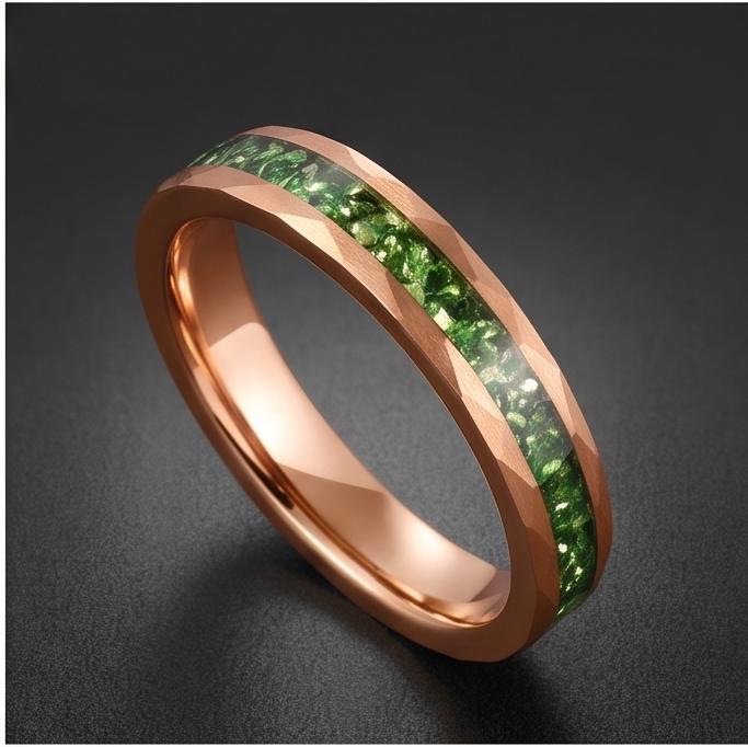 Mens Green Emerald Ring ~ Hammered Tungsten Ring (8mm, 4mm) ~ Rose Gold Wedding Band ~ Emerald Jewelry Gift for Her ~ Modern 