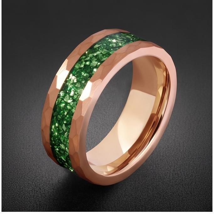 Mens Green Emerald Ring ~ Hammered Tungsten Ring (8mm, 4mm) ~ Rose Gold Wedding Band ~ Emerald Jewelry Gift for Her ~ Modern 