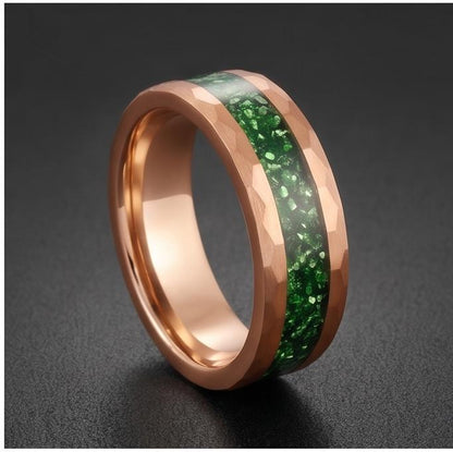 Mens Green Emerald Ring ~ Hammered Tungsten Ring (8mm, 4mm) ~ Rose Gold Wedding Band ~ Emerald Jewelry Gift for Her ~ Modern 