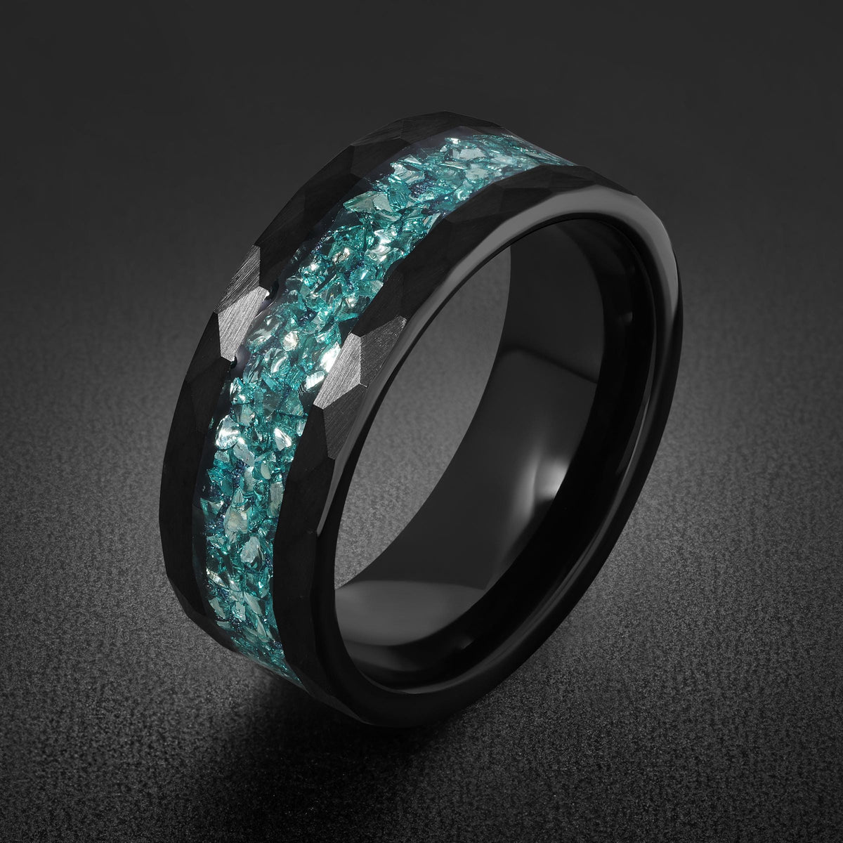Black Tungsten Carbide Ring with Aquamarine - Hammered Aquamarine Jewelry ~ Aquamarine Wedding Band ~ Cool Festival Jewelry f