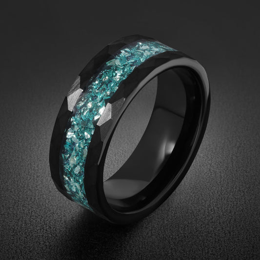 Aquamarine Ring, Hammered Black Tungsten Ring, Mens Wedding Band, Womens Wedding Ring, Anniversary Gift, Comfort Fit, 4mm Rin