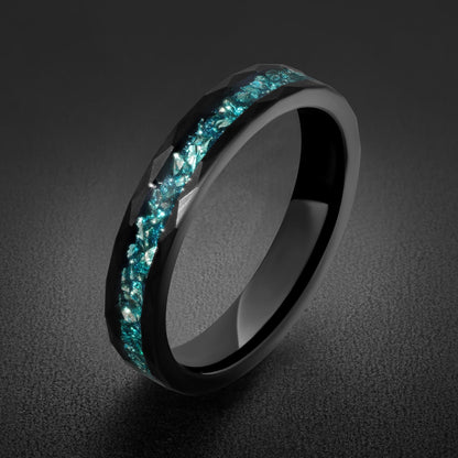 Aquamarine Ring, Hammered Black Tungsten Ring, Mens Wedding Band, Womens Wedding Ring, Anniversary Gift, Comfort Fit, 4mm Rin