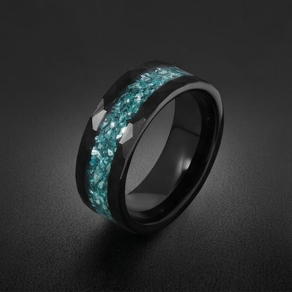 Aquamarine Ring, Hammered Black Tungsten Ring, Mens Wedding Band, Womens Wedding Ring, Anniversary Gift, Comfort Fit, 4mm Rin