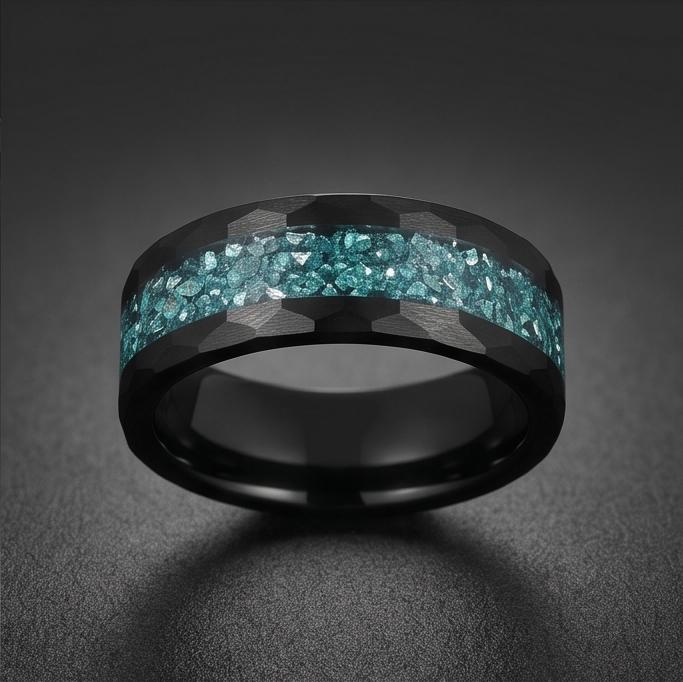 Aquamarine Ring, Hammered Black Tungsten Ring, Mens Wedding Band, Womens Wedding Ring, Anniversary Gift, Comfort Fit, 4mm Rin