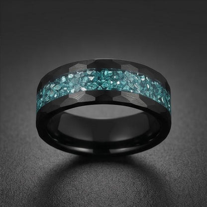 Aquamarine Ring, Hammered Black Tungsten Ring, Mens Wedding Band, Womens Wedding Ring, Anniversary Gift, Comfort Fit, 4mm Rin