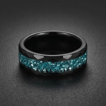 Aquamarine Ring, Hammered Black Tungsten Ring, Mens Wedding Band, Womens Wedding Ring, Anniversary Gift, Comfort Fit, 4mm Rin