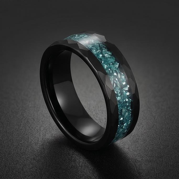 Aquamarine Ring, Hammered Black Tungsten Ring, Mens Wedding Band, Womens Wedding Ring, Anniversary Gift, Comfort Fit, 4mm Rin
