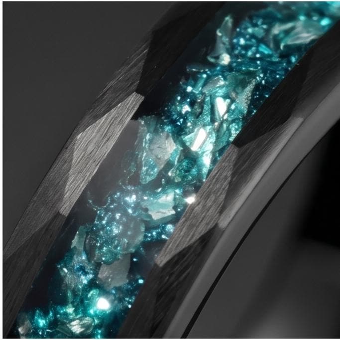 Black Tungsten Carbide Ring with Aquamarine - Hammered Aquamarine Jewelry ~ Aquamarine Wedding Band ~ Cool Festival Jewelry f