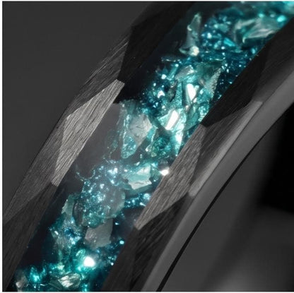 Black Tungsten Carbide Ring with Aquamarine - Hammered Aquamarine Jewelry ~ Aquamarine Wedding Band ~ Cool Festival Jewelry f