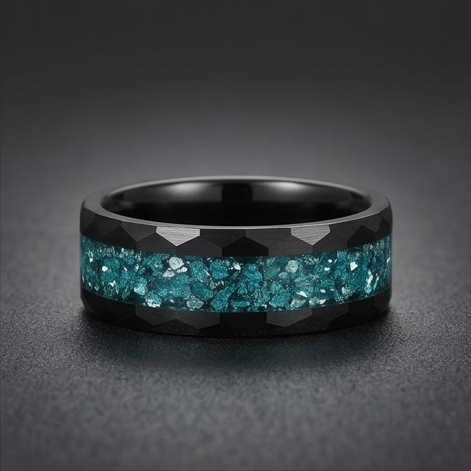 Black Tungsten Carbide Ring with Aquamarine - Hammered Aquamarine Jewelry ~ Aquamarine Wedding Band ~ Cool Festival Jewelry f