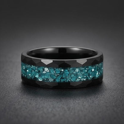 Black Tungsten Carbide Ring with Aquamarine - Hammered Aquamarine Jewelry ~ Aquamarine Wedding Band ~ Cool Festival Jewelry f