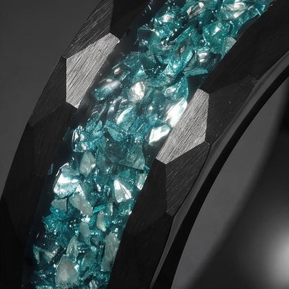 Black Tungsten Carbide Ring with Aquamarine - Hammered Aquamarine Jewelry ~ Aquamarine Wedding Band ~ Cool Festival Jewelry f