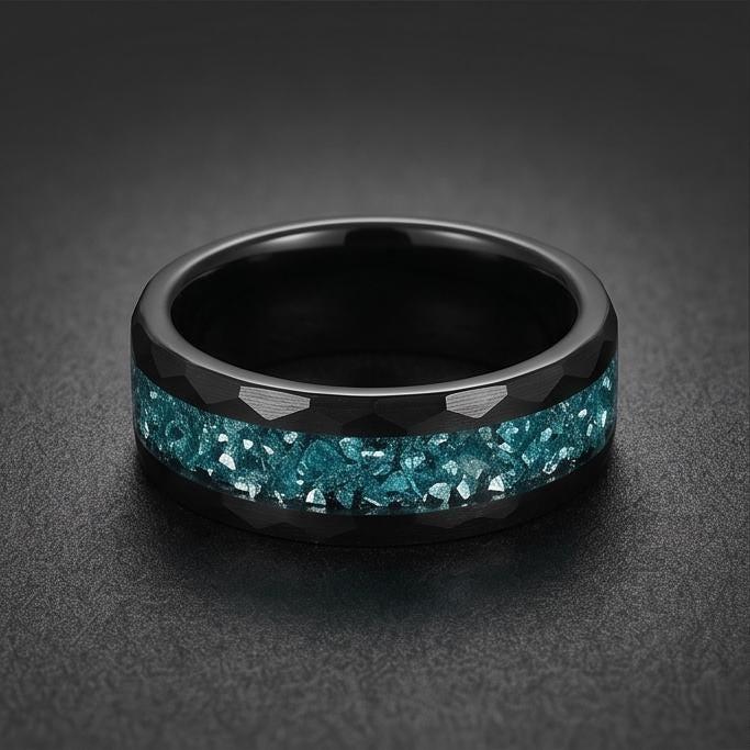 Black Tungsten Carbide Ring with Aquamarine - Hammered Aquamarine Jewelry ~ Aquamarine Wedding Band ~ Cool Festival Jewelry f