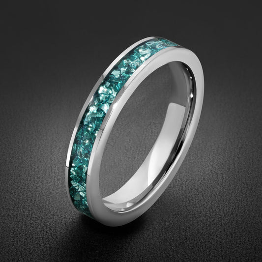 Silver Tungsten Ring with Aquamarine | Handcrafted Durable Wedding Band | Serene Blue Anniversary Birthday Gift for Everyday 