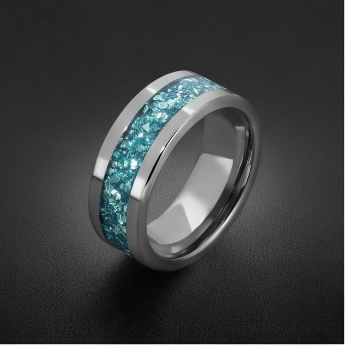 Silver Tungsten Ring with Aquamarine | Handcrafted Durable Wedding Band | Serene Blue Anniversary Birthday Gift for Everyday 