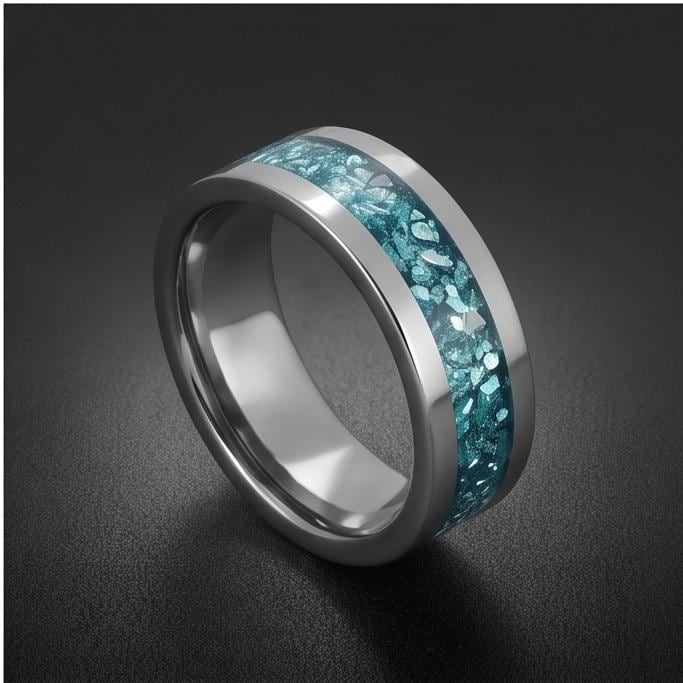 Silver Tungsten Ring with Aquamarine | Handcrafted Durable Wedding Band | Serene Blue Anniversary Birthday Gift for Everyday 