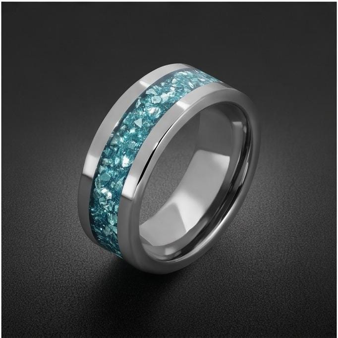 Silver Tungsten Ring with Aquamarine | Handcrafted Durable Wedding Band | Serene Blue Anniversary Birthday Gift for Everyday 