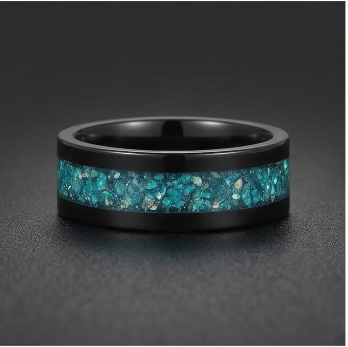 Aquamarine Ring, Black Tungsten Ring, Black Wedding Ring, Mens Wedding Band, Womens Ring, Anniversary Ring, Engagement Ring, 