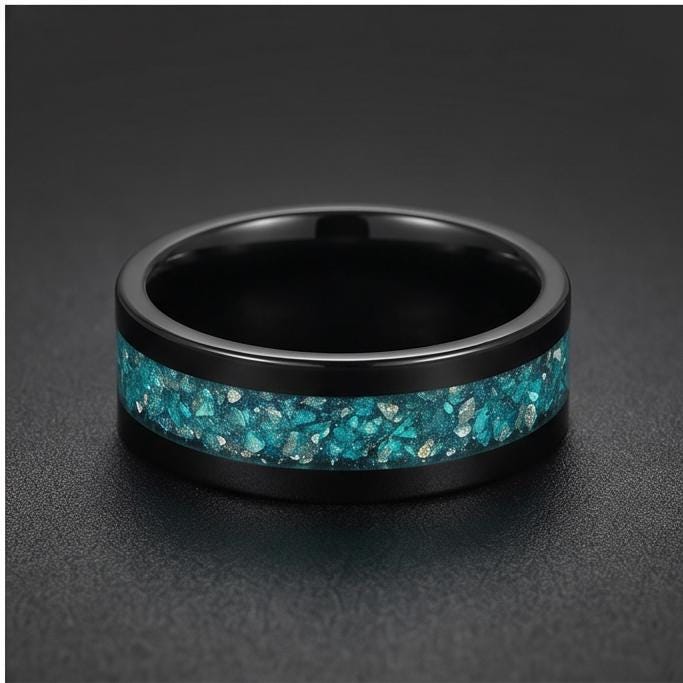 Aquamarine Ring, Black Tungsten Ring, Black Wedding Ring, Mens Wedding Band, Womens Ring, Anniversary Ring, Engagement Ring, 