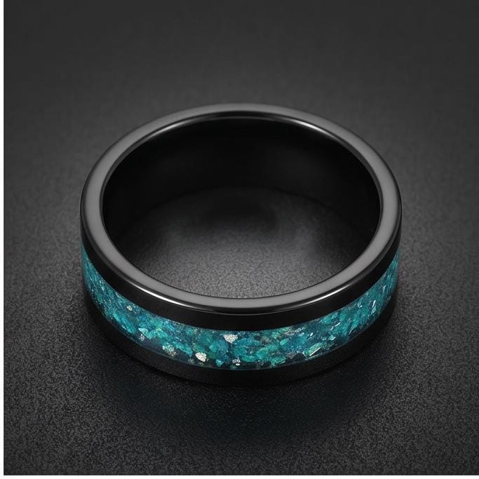Aquamarine Ring, Black Tungsten Ring, Black Wedding Ring, Mens Wedding Band, Womens Ring, Anniversary Ring, Engagement Ring, 