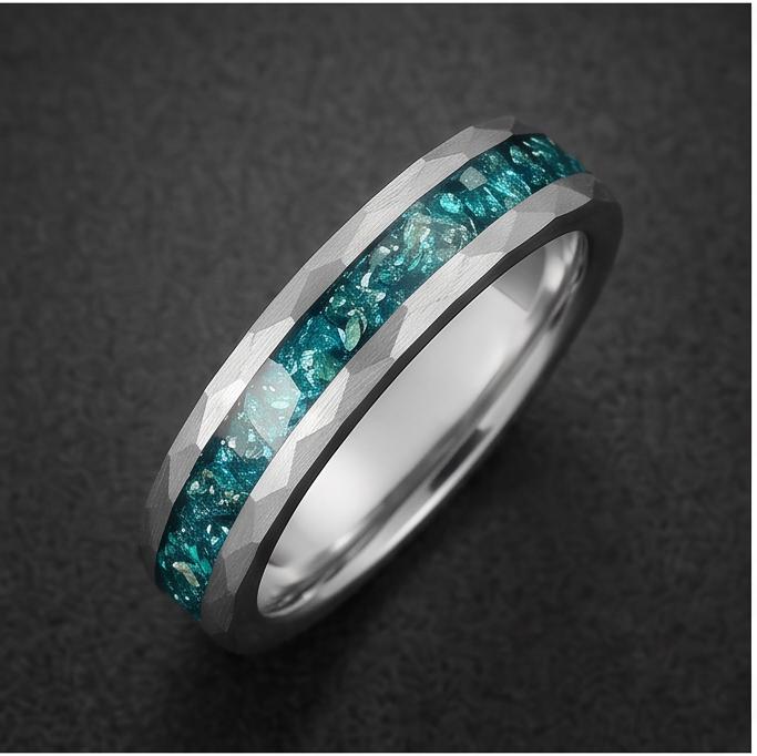 Hammered Brushed Silver Tungsten Ring with Aquamarine | Unisex Blue Gemstone Wedding Band ~ Durable Anniversary Jewelry for M