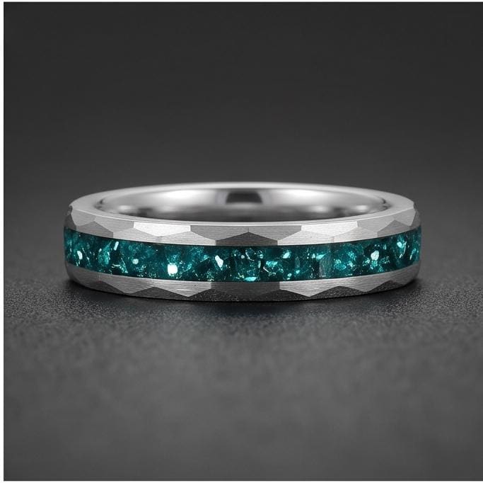 Hammered Brushed Silver Tungsten Ring with Aquamarine | Unisex Blue Gemstone Wedding Band ~ Durable Anniversary Jewelry for M