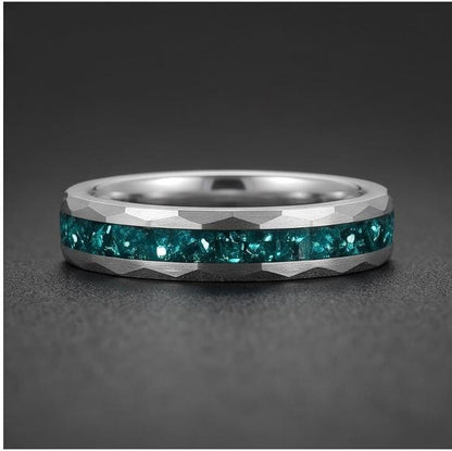 Hammered Brushed Silver Tungsten Ring with Aquamarine | Unisex Blue Gemstone Wedding Band ~ Durable Anniversary Jewelry for M