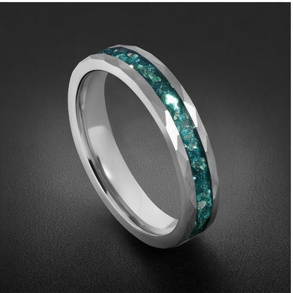 Hammered Brushed Silver Tungsten Ring with Aquamarine | Unisex Blue Gemstone Wedding Band ~ Durable Anniversary Jewelry for M