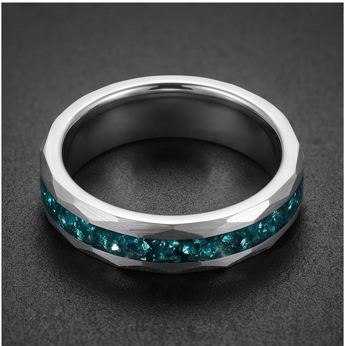 Hammered Brushed Silver Tungsten Ring with Aquamarine | Unisex Blue Gemstone Wedding Band ~ Durable Anniversary Jewelry for M
