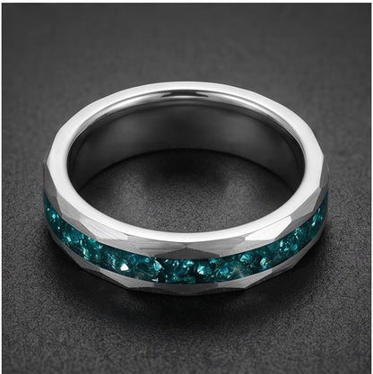 Hammered Brushed Silver Tungsten Ring with Aquamarine | Unisex Blue Gemstone Wedding Band ~ Durable Anniversary Jewelry for M