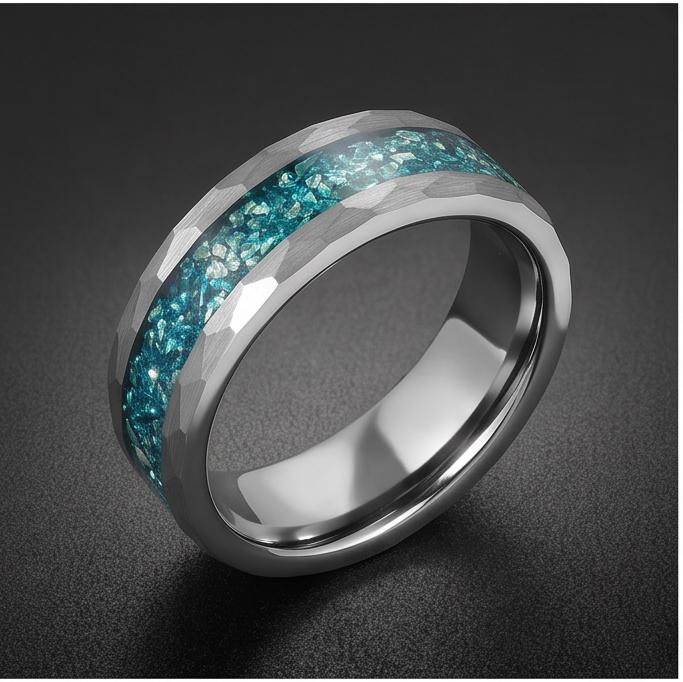Hammered Brushed Silver Tungsten Ring with Aquamarine | Unisex Blue Gemstone Wedding Band ~ Durable Anniversary Jewelry for M