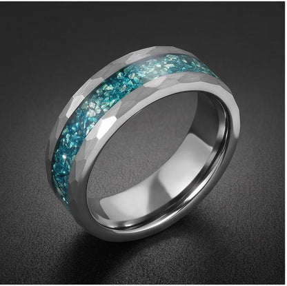 Hammered Brushed Silver Tungsten Ring with Aquamarine | Unisex Blue Gemstone Wedding Band ~ Durable Anniversary Jewelry for M