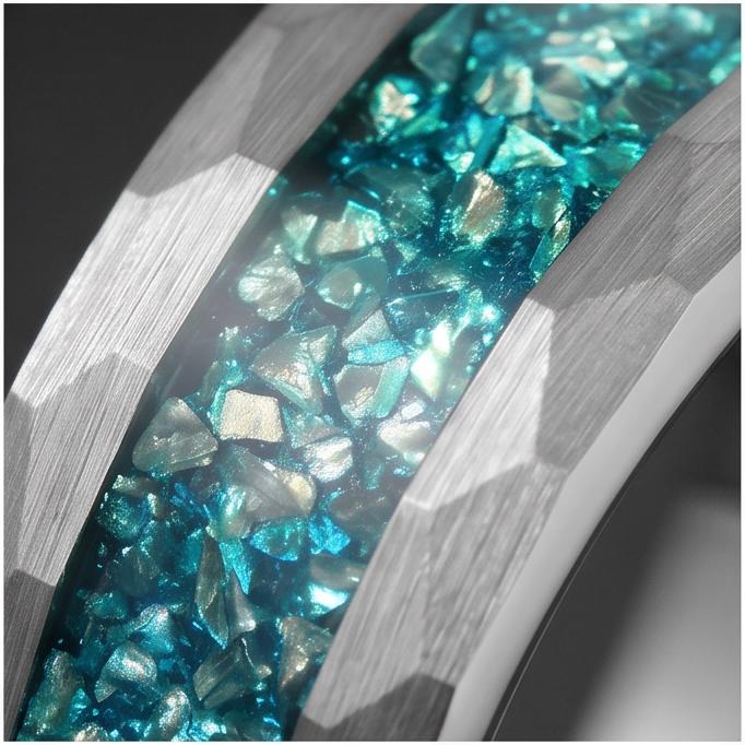 Hammered Brushed Silver Tungsten Ring with Aquamarine | Unisex Blue Gemstone Wedding Band ~ Durable Anniversary Jewelry for M