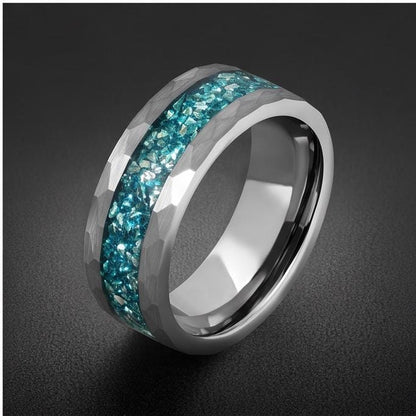 Hammered Brushed Silver Tungsten Ring with Aquamarine | Unisex Blue Gemstone Wedding Band ~ Durable Anniversary Jewelry for M