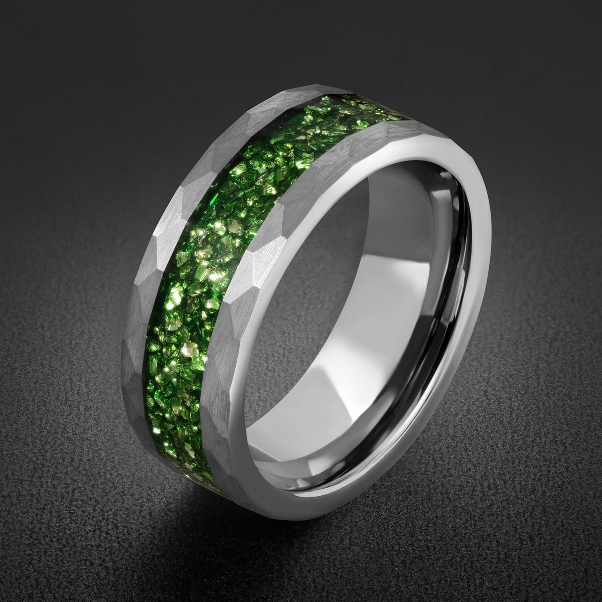Emerald ring, hammered silver tungsten ring, mens wedding band, womens wedding ring, anniversary gift, comfort fit, 4mm ring,